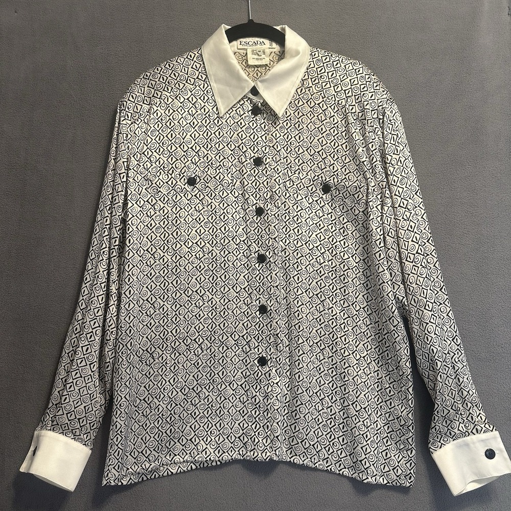 VTG Escada Margaretha Ley 100% Geometric Print Blouse White Womens Size 38 (M)
